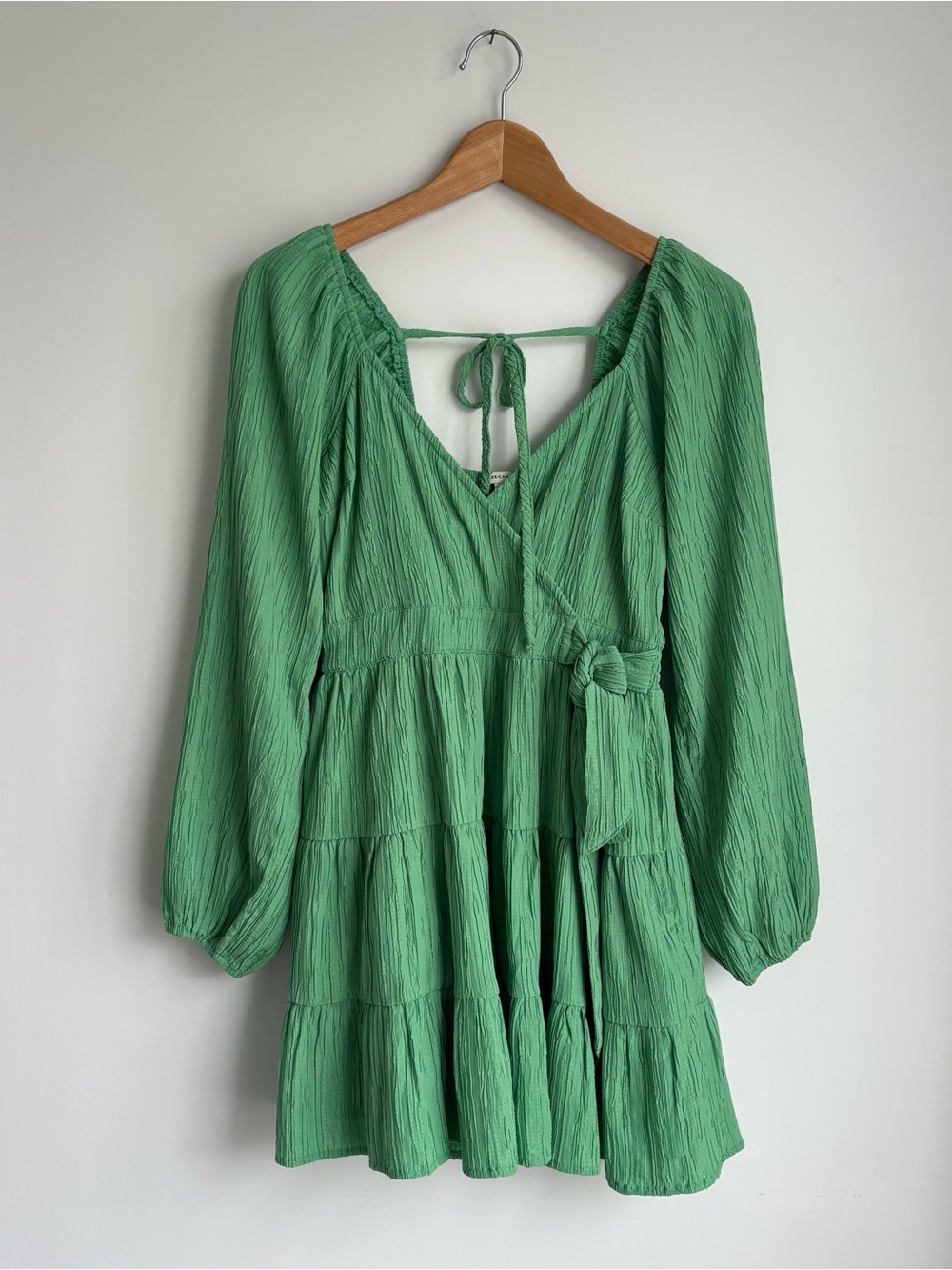 American Eagle Green Tiered Long-Sleeve Wrap Dress